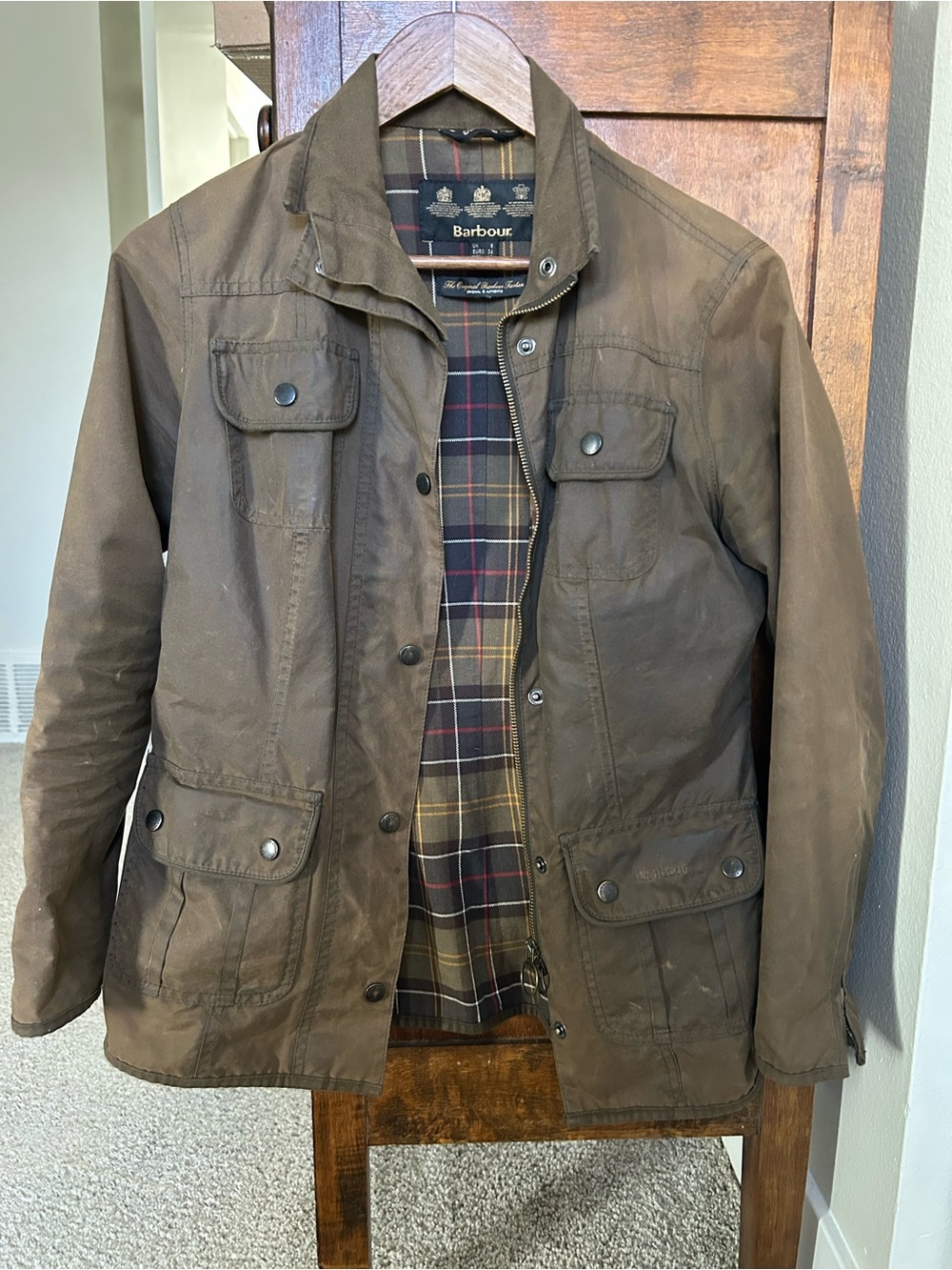 Barbour Tartan Waxed Jacket Coat Olive Green Size 4 UK 8
